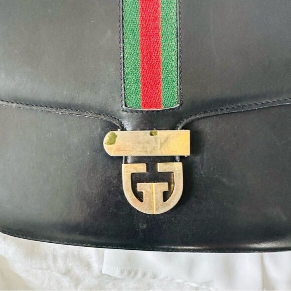 Gucci black leather web accent and gold GG lock shoulder - Picture 9 of 16